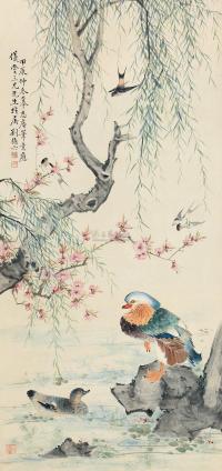 刘德六 甲辰（1894）年作 桃柳集禽 镜片