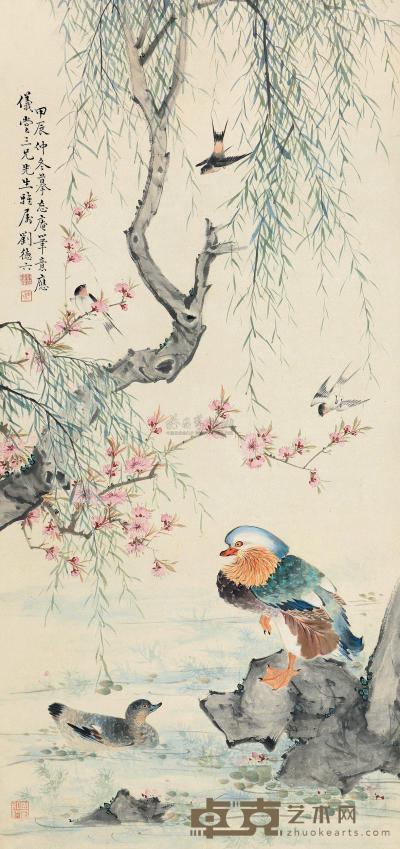 刘德六 甲辰（1894）年作 桃柳集禽 镜片 125×59cm