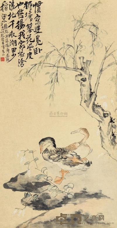 李鱓 乾隆五年（1740）年作 柳阴双鸭 镜片 129×66cm
