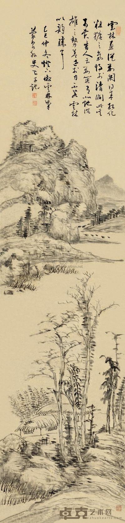 奚冈 乙巳（1785）年作 仿云林山水 立轴 141×35cm