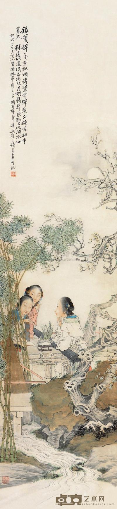 钱慧安 甲戌（1874）年作 早春题诗 立轴 139×32.5cm