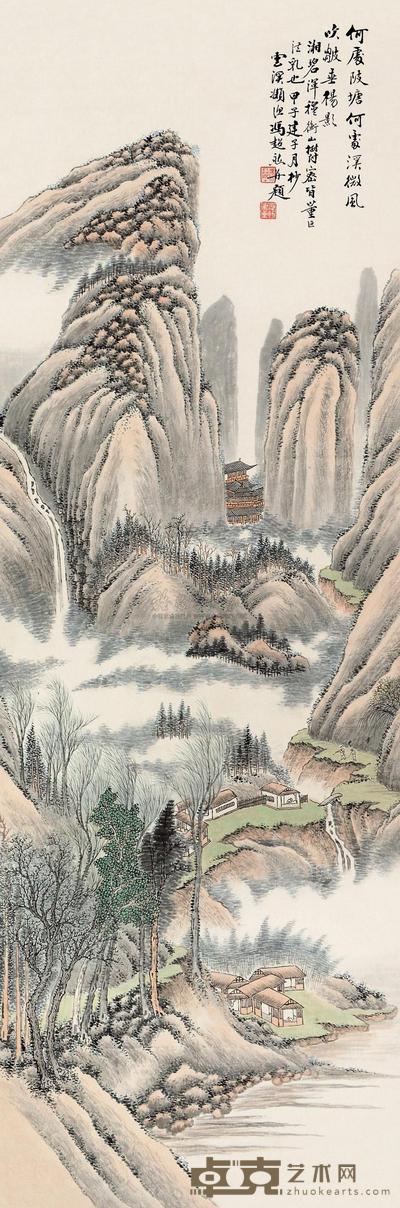 冯超然 甲子（1924）年作 春山楼观 立轴 112×37.5cm