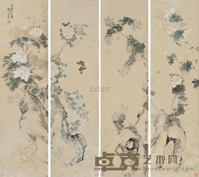 高剑父 1902年作 花卉草虫 四屏 114×30cm×4