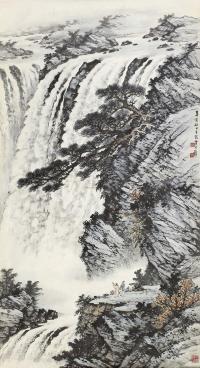 黄君璧 1971年作 观瀑图 镜框
