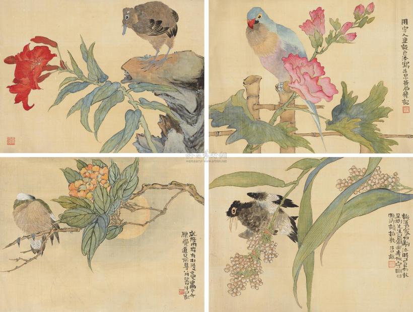 赵浩公 1929年作 花鸟 （四帧） 镜框