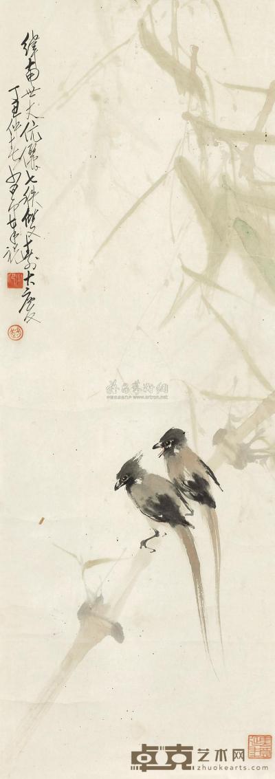 赵少昂 1937年作 双鸟柳树图 镜框 92×33cm