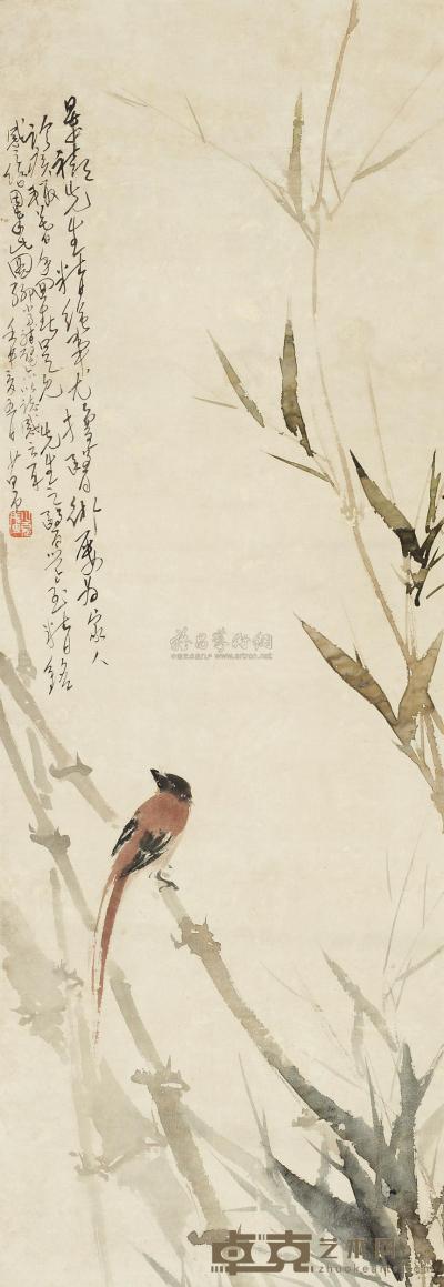 赵少昂 1932年作 竹树小鸟 立轴 98×34cm