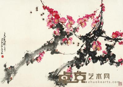 赵少昂 1955年作 桃花蜜蜂 镜框 60×85cm