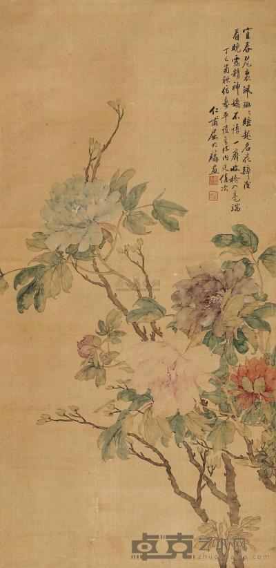 屈兆麟 1857年作 富贵花开 立轴 123×59cm