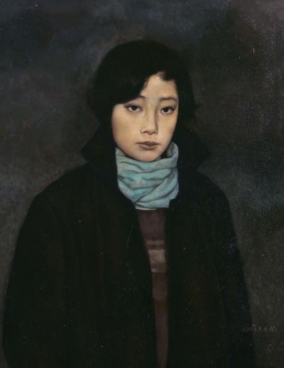 毛焰 1989年作 蓝围脖女肖像