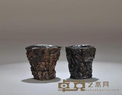 清 沉香木雕人物镶锡杯 （一对） 高5cm