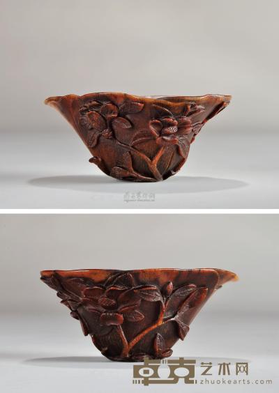 清早期 犀角雕花卉纹杯 长10.5cm