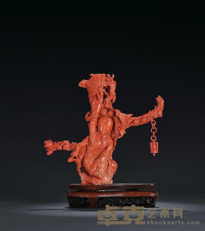 清 红珊瑚纨扇侍女摆件 高19cm
