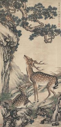 沈铨 1749年作 柏鹿图 立轴