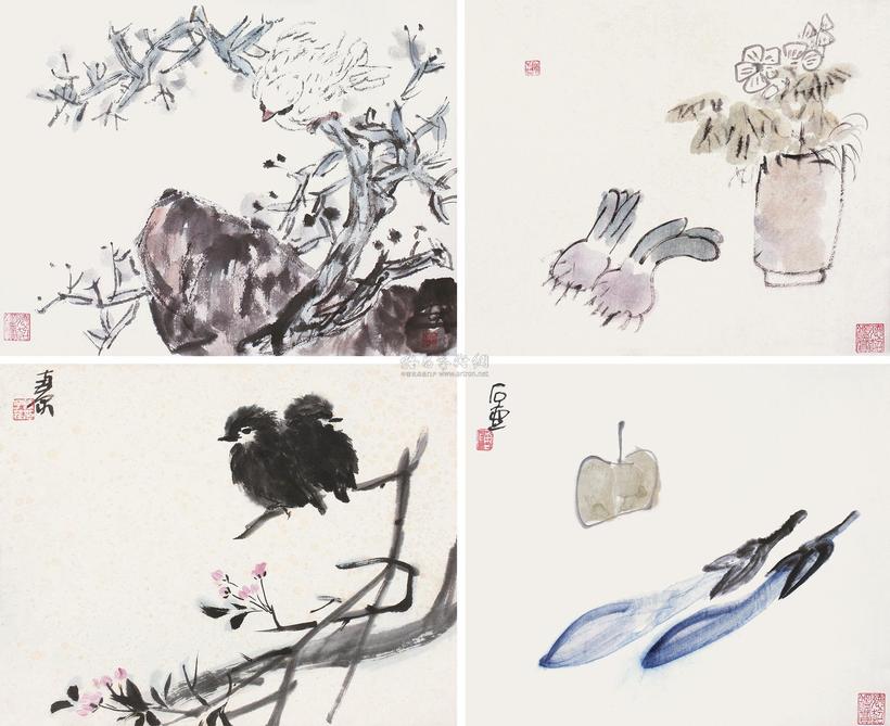 陈子庄 花鸟 （四桢） 镜心