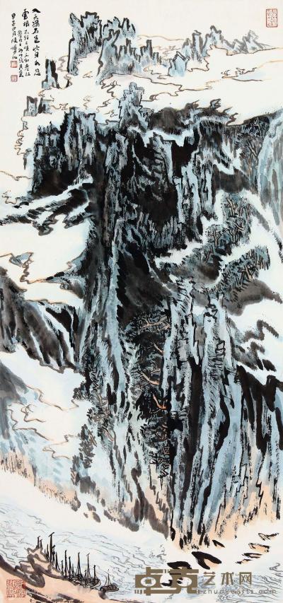 陆俨少 甲子（1984）年作 峡江泊舟 镜片 97×45cm