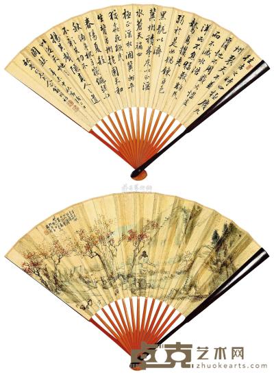 苏六朋 翁同祜 辛未（1811）年作 临溪高士 行书诗 成扇 19.5×49cm