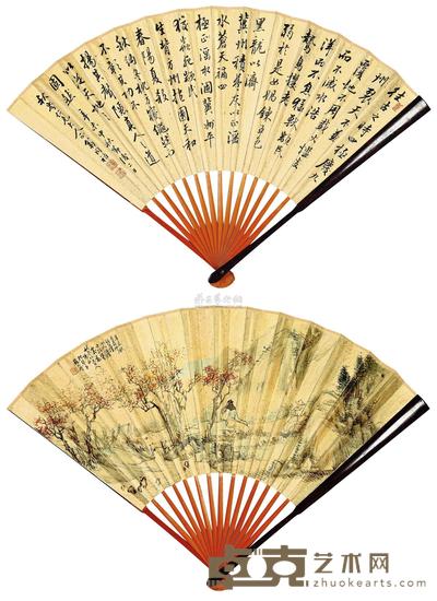 苏六朋 翁同祜 辛未(1811)年作 临溪高士 行书诗 成扇 19.5×49cm
