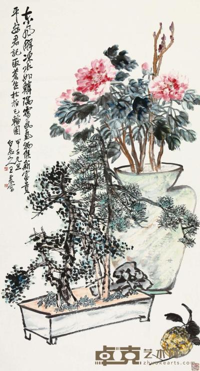 王震 甲子（1924）年作 岁朝清供 立轴 176×95cm