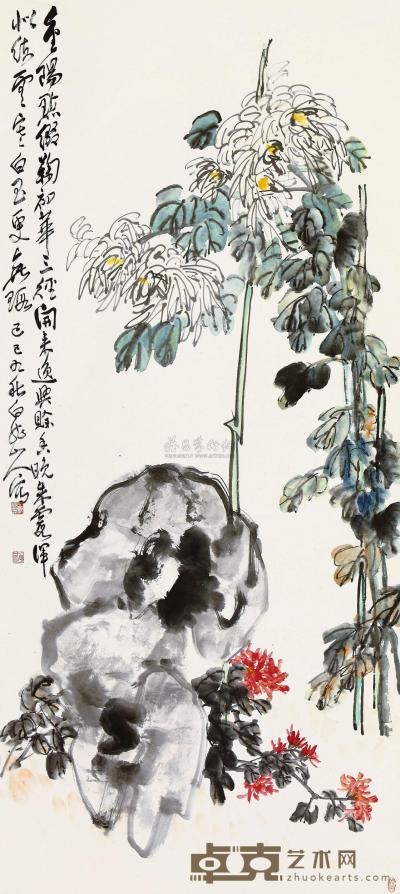 王震 己巳（1929）年作 菊石图 立轴 141×63cm