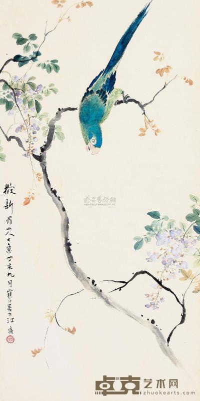 江寒汀 丁亥（1947）年作 紫藤鹦鹉 立轴 98×49cm