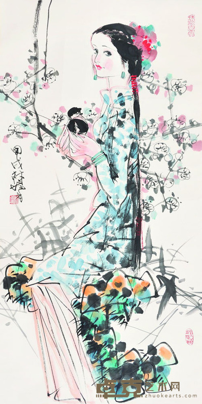 林墉 少女爱鸟图 137×69 每幅8.7
