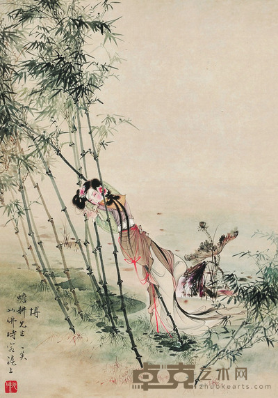 胡也佛 竹林仕女图 44×31 每幅1.2