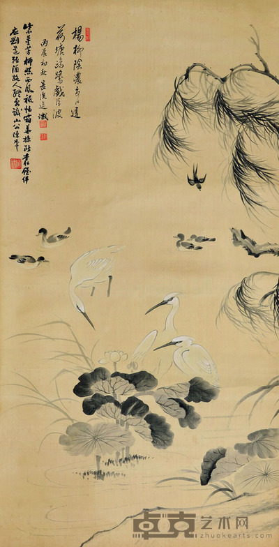 陈半丁 杨柳荷花图 178×90 每幅14.7