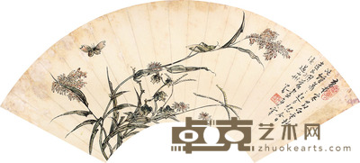 溥儒 菊花扇面镜片 19×57