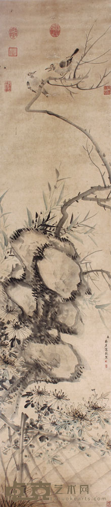 张若霭 花鸟立轴 165×36