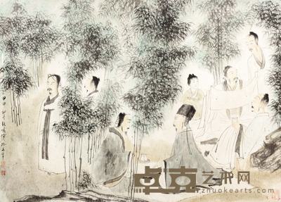 傅抱石 竹林琴弦镜片 55×77