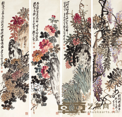 赵云壑 花卉四屏立轴 134×34×4