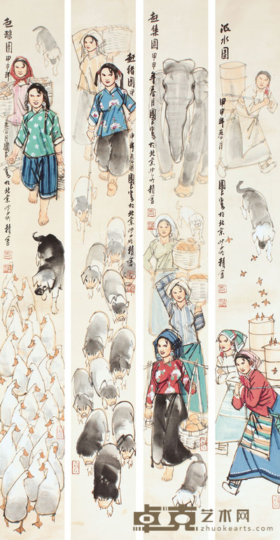 史国良 人物四屏立轴 137×16×4