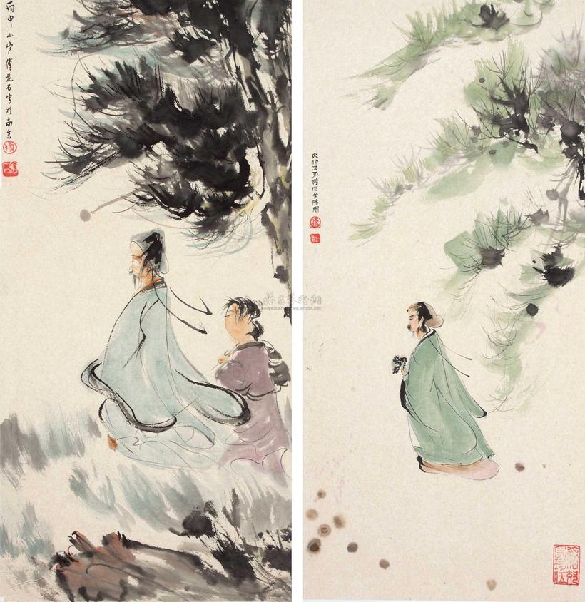 傅抱石 人物 对屏