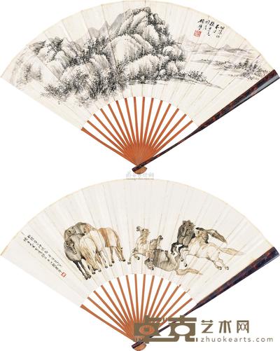 顾麟士 周梓 1921年作 溪山远影图 神骏图 成扇