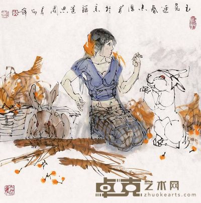 于志学 玉兔迎春 软片 69×69cm