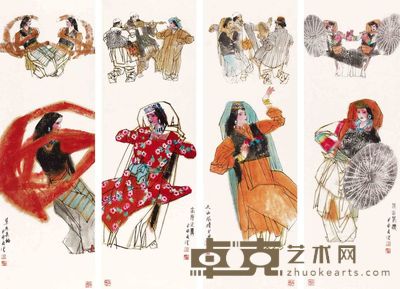 马西光 人物 四屏 136×50cm×4