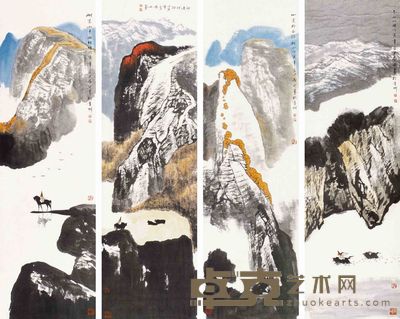 白庚延 山水 四屏 136×50cm×4