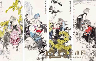 伍启中 人物 四屏 136×50cm×4