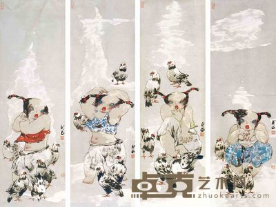 关玉良 花鸟 四屏 136×50cm×4