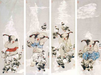 关玉良 花鸟 四屏