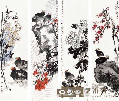 邵戈 花鸟 四屏 180×48cm×4