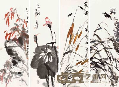张立辰 花鸟 四屏 136×48cm×4