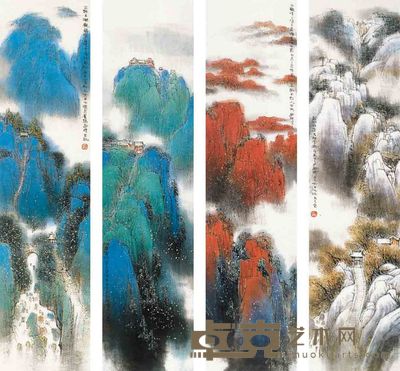 赵球 山水 四屏 136×34cm×4