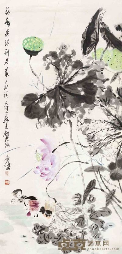 贾广健 荷香送瑞到君家 镜片 136×67cm
