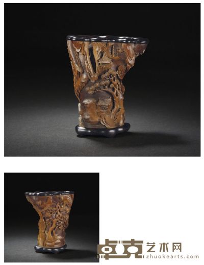 清·黄杨木雕对弈图笔筒 高：11.3cm 直径：9.8cm
