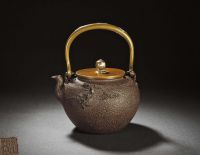 日本·龟文堂造贴金银山水铁壶