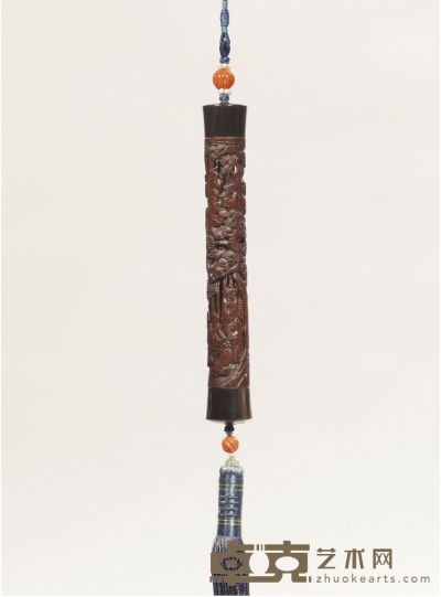 清·雅集图竹雕消息筒 长：12.3cm 口径：1.5cm