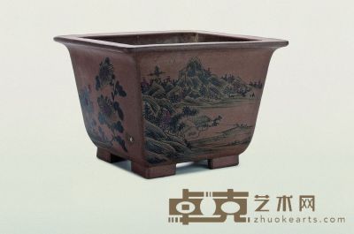 清中期·紫泥墨彩山水花卉方盆 36.5×25.5cm