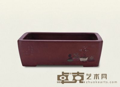 清中期·紫泥彩绘清供凤鸟长方盆 35×23×11cm